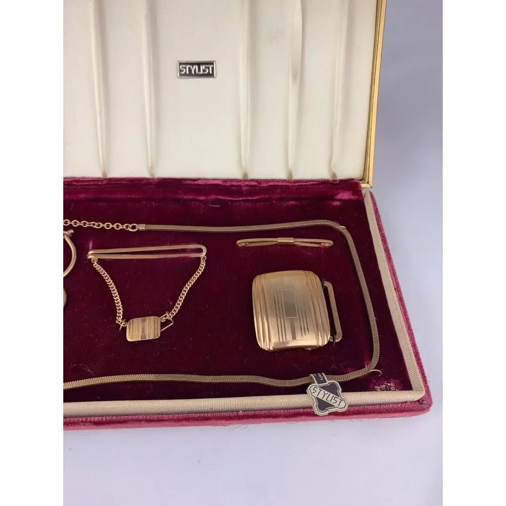 Stylist 14k Gold Plated Collar Tie Bar Watch Chain Belt Buckle Mens Set VTG O1